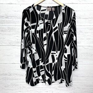 Chico's Easywear Women's Black & White Print Tunic Top Slinky Fabric size Large